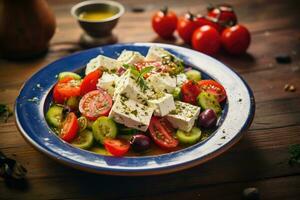 griechisch Salat mit Feta Käse und Olive Öl auf Platte. griechisch gesund Lebensmittel. generativ ai foto