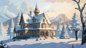 Villa oder Schloss während Winter Szene zum visuell Roman Anime Manga Hintergrund Hintergrund foto