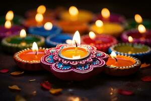 glücklich Diwali. Lehm Diya Lampen während Diwali Feier, Hindu Festival von Beleuchtung Feier. generativ ai foto