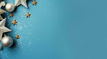 Weihnachten Blau Hintergrund mit Weihnachten Ornamente. Silber Bälle und Sterne, Kopieren Raum. generativ ai foto