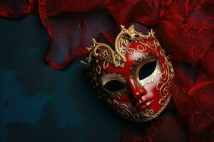 festlich venezianisch Karneval Maske mit Gold Dekorationen auf rot Hintergrund. generativ ai foto
