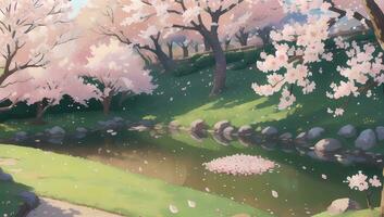 Sakura Garten während Frühling Zeit visuell Roman Anime Manga Hintergrund Hintergrund foto