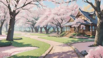 Sakura Garten während Frühling Zeit visuell Roman Anime Manga Hintergrund Hintergrund foto