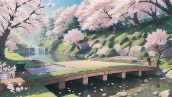 Sakura Garten während Frühling Zeit visuell Roman Anime Manga Hintergrund Hintergrund foto