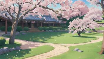 Sakura Garten während Frühling Zeit visuell Roman Anime Manga Hintergrund Hintergrund foto