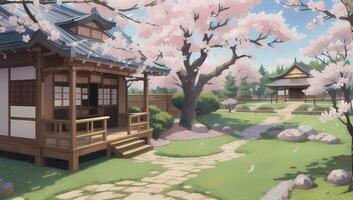 Sakura Garten während Frühling Zeit visuell Roman Anime Manga Hintergrund Hintergrund foto