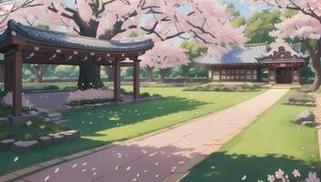 Sakura Garten während Frühling Zeit visuell Roman Anime Manga Hintergrund Hintergrund foto