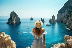 jung Frau im Weiß Kleid und Hut Stehen auf das Cliff über das Meer im Capri Insel, Italien, Ferien auf Capri Insel. zurück Aussicht von schön Mode Mädchen genießen Aussicht von Die, ai generiert foto