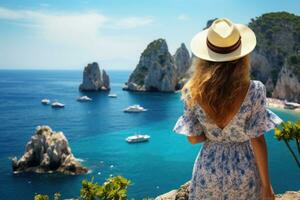 jung Frau im ein Hut auf das Hintergrund von das Insel von Capri, Ferien auf Capri Insel. zurück Aussicht von schön Mode Mädchen genießen Sicht, ai generiert foto