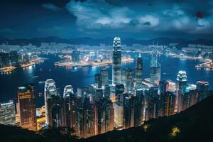 Hong kong Horizont beim Nacht. Hong kong ist das die meisten dicht besiedelt von das fünf Bezirke von Hong Kong, Hong kong Stadt Aussicht von das Gipfel beim Dämmerung, ai generiert foto