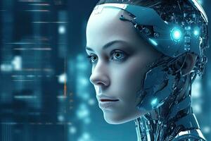 3d Rendern weiblich Cyborg oder weiblich Roboter auf futuristisch Technologie Hintergrund, Hallo Technik Roboter schließen oben Aussicht Porträt auf ein Digital Hintergrund, ai generiert foto
