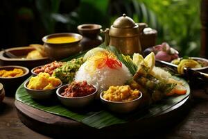 Reis mit verschiedene Arten von thailändisch Lebensmittel eine solche wie Sambar, Sambar, Khaman, Khaman, Khaman, Khaman, indonesisch traditionell bali Lebensmittel. Indonesien, ai generiert foto
