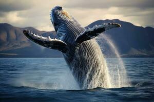 Wal im das Meer. wissenschaftlich Name Buckel Wal. Patagonien, Argentinien, Buckel Wal Springen aus von das Wasser, ai generiert foto