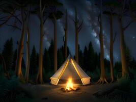 Camping Zelt mit Lagerfeuer und Wald auf Nacht Himmel Hintergrund. foto
