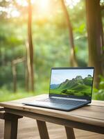 Laptop und leer Weiß Bildschirm auf das Tabelle foto