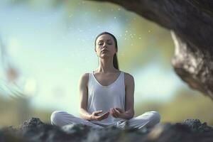 Frau im Zen Pose mit entspannt Ambiente Yoga. generieren ai foto