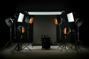 Studio Beleuchtung Zimmer isoliert auf schwarz Foto Stand. generieren ai