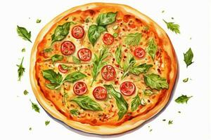 lecker Pizza mit Gemüse und Rucola Salat mit rot Tomaten. generieren ai foto