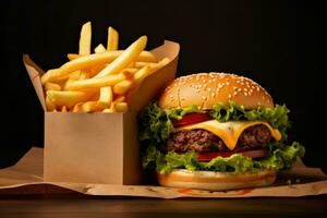 köstlich lecker Burger Papier Box mit Fritten. generieren ai foto