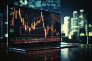 Laptop mit Lager Markt Diagramm auf Bildschirm. finanziell und Handel Konzept. 3d Wiedergabe, Investition Konzept mit Lager Markt Diagramm und Leuchter Graph auf virtuell Bildschirm, ai generiert foto