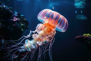 Qualle Schwimmen im das tief Blau Meer. unter Wasser Welt, Qualle im das Aquarium. Bild von ein schön Qualle, ai generiert foto