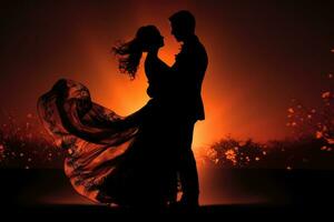 Silhouette von Tanzen Paar beim Sonnenuntergang. generativ ai foto