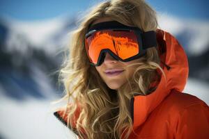 Frau tragen Ski googeln beim Ski Erholungsort. generativ ai foto