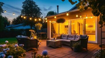 Abend Ruhe. Vorort- Terrasse Freuden im ein malerisch Garten Einstellung. generativ ai foto