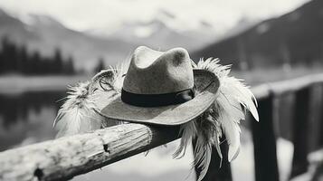 rustikal Eleganz - - Hut mit Gefieder handgemacht auf ein hölzern Zaun im das Winter auf das Hintergrund von das Berge. schwarz und Weiß Foto. generativ ai foto