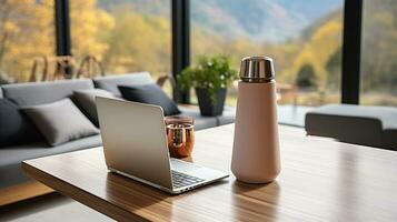 Laptop, Thermosflasche, und gemütlich Kaffee Tabelle aufstellen. generativ ai foto