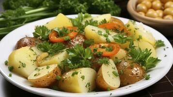 einfach Eleganz - - gekocht Kartoffeln Stücke mit Gemüse auf Weiß Platte. generativ ai foto