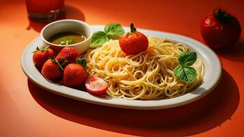 frisch und gesund Schule Mahlzeit. Spaghetti mit ein Seite von Erdbeeren. generativ ai foto