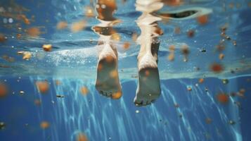 komisch unter Wasser Beine im Schwimmen Schwimmbad, unter Wasser Aussicht von Frauen oder Kinder, Ferien und Sport Konzept. generativ ai foto