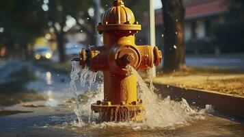 Feuer Hydrant breit öffnen sprudelnd Wasser auf zu das Straße, wo Wasser ist fallen zurück Nieder Über das Gehweg. generativ ai foto