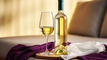 Jahrgang Flasche von Weiß Wein mit leer matt Etikette und einer Brille auf lila Serviette. teuer Flasche von Chardonnay Konzept. generativ ai foto