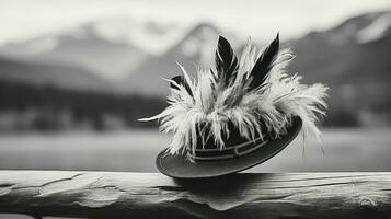 rustikal Eleganz - - Hut mit Gefieder handgemacht auf ein hölzern Zaun im das Winter auf das Hintergrund von das Berge. schwarz und Weiß Foto. generativ ai foto