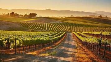 Sonnenaufgang badet das Weinberge Landschaft im Wärme. generativ ai foto