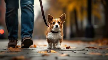 Hund auf Leine Gehen gehorsam mit Eigentümer. Gehen im Tandem. generativ ai foto