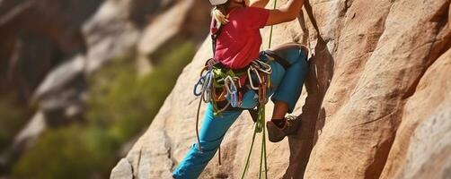 ein Frau spannend steigen auf das Cliff. generativ ai foto