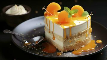 genießen das Süße. Mango und Sahne Mousse Kuchen Extravaganz. generativ ai foto