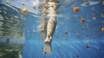 komisch unter Wasser Beine im Schwimmen Schwimmbad, unter Wasser Aussicht von Frauen oder Kinder, Ferien und Sport Konzept. generativ ai foto