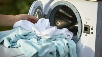 weiblich Hände abrufen Wäsche von das Waschmaschine. generativ ai foto