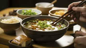 Wärme im ein Schüssel. das Komfort von hausgemacht Miso Suppe. generativ ai foto