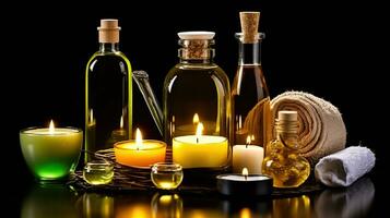 aromatherapeutisch Wonne. erheben Ihre Spa Erfahrung mit Öle, Kerzen, und Kosmetika. generativ ai foto