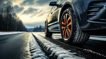 ein mischen von Winter und Sommer- Reifen auf das Asphalt Straße. generativ ai foto