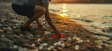 einer Mann Suche zu sauber das Strand von Plastik Flasche auf das Strand im Sonnenuntergang. generativ ai foto