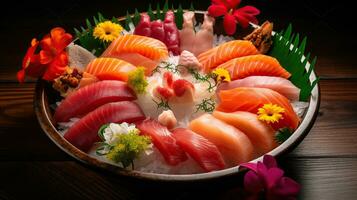 roh und exquisit. ein köstlich Sashimi Teller. generativ ai foto