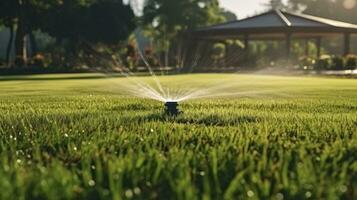 das Rolle von automatisch Sprinkler im Park Verschönerung. generativ ai foto