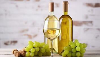 zeitlos Eleganz. Jahrgang Weiß Wein, Gläser, und Trauben auf ein rustikal hölzern Tisch. generativ ai foto