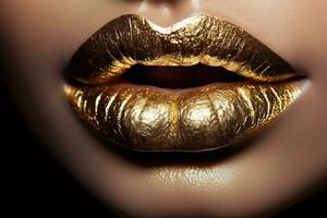 Nahansicht von golden Lippenstift. bilden mit Metall Gold Lippen. generativ ai Illustration foto